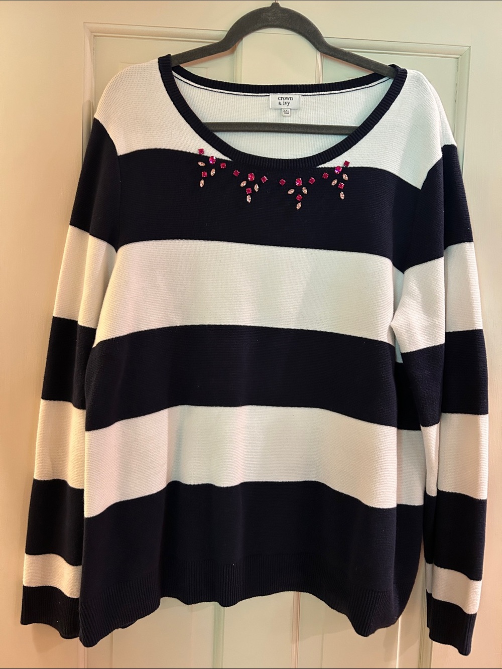 crown & ivy Navy and White Striped Sweater with Pink Embellished Neckline XXL